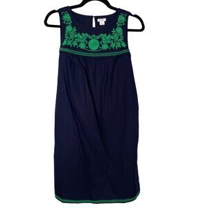 New J Crew XS Navy Blue Green Embroidered Linen Cotton Shift Dress Sleeveless